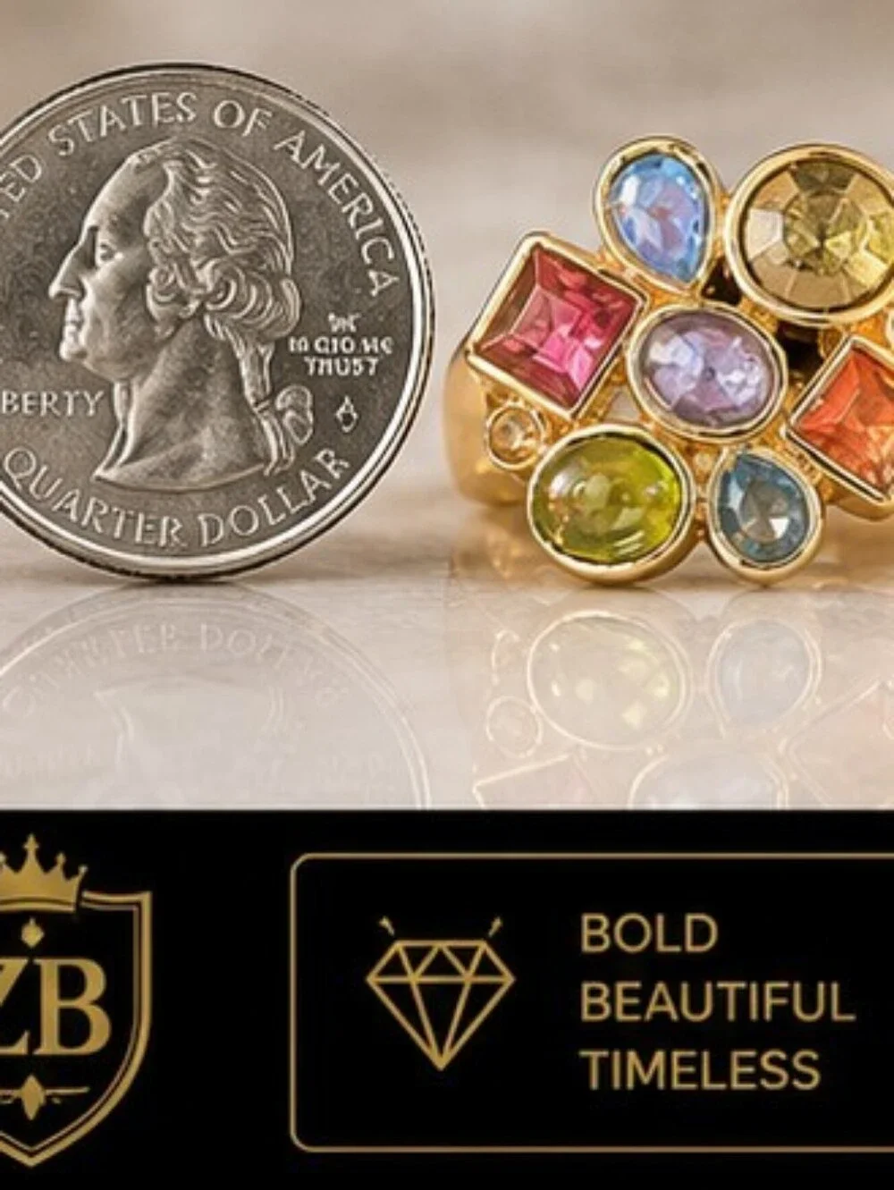 Vintage 1993 Multicolor Statement Cocktail Ring 18K Gold Triple Plated Size 8